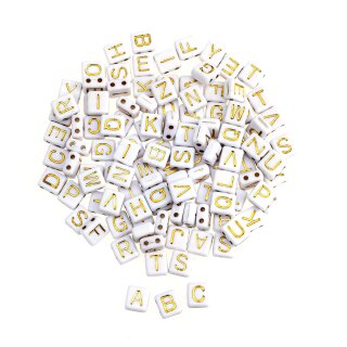 Glorex Kunststoffwürfel mit Loch Alphabet weiss/gold 110St
