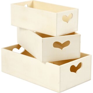 Holzboxen mit Herz-Ausschnitt 3-er Set aus Pappel